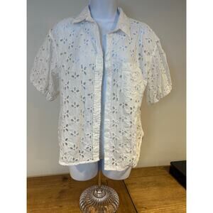J CREW Sz 10 White Eyelet Cotton Button-Down Shirt Beach Feminine Coastal Resort